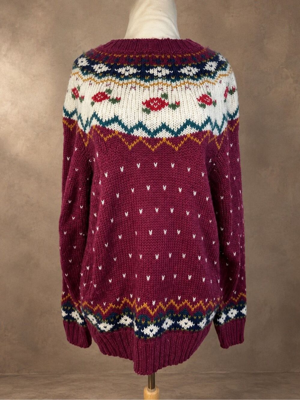 Hasting & Smith Size L Vintage Fair Isle Floral Sweater Burgundy Cream